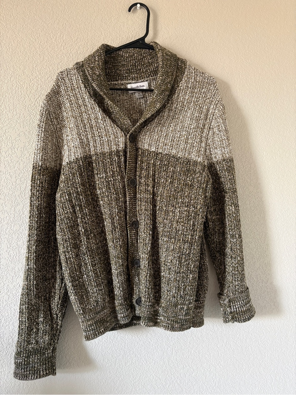 Goodfellow & Co Two-Tone Olive Shawl Collar Cardigan